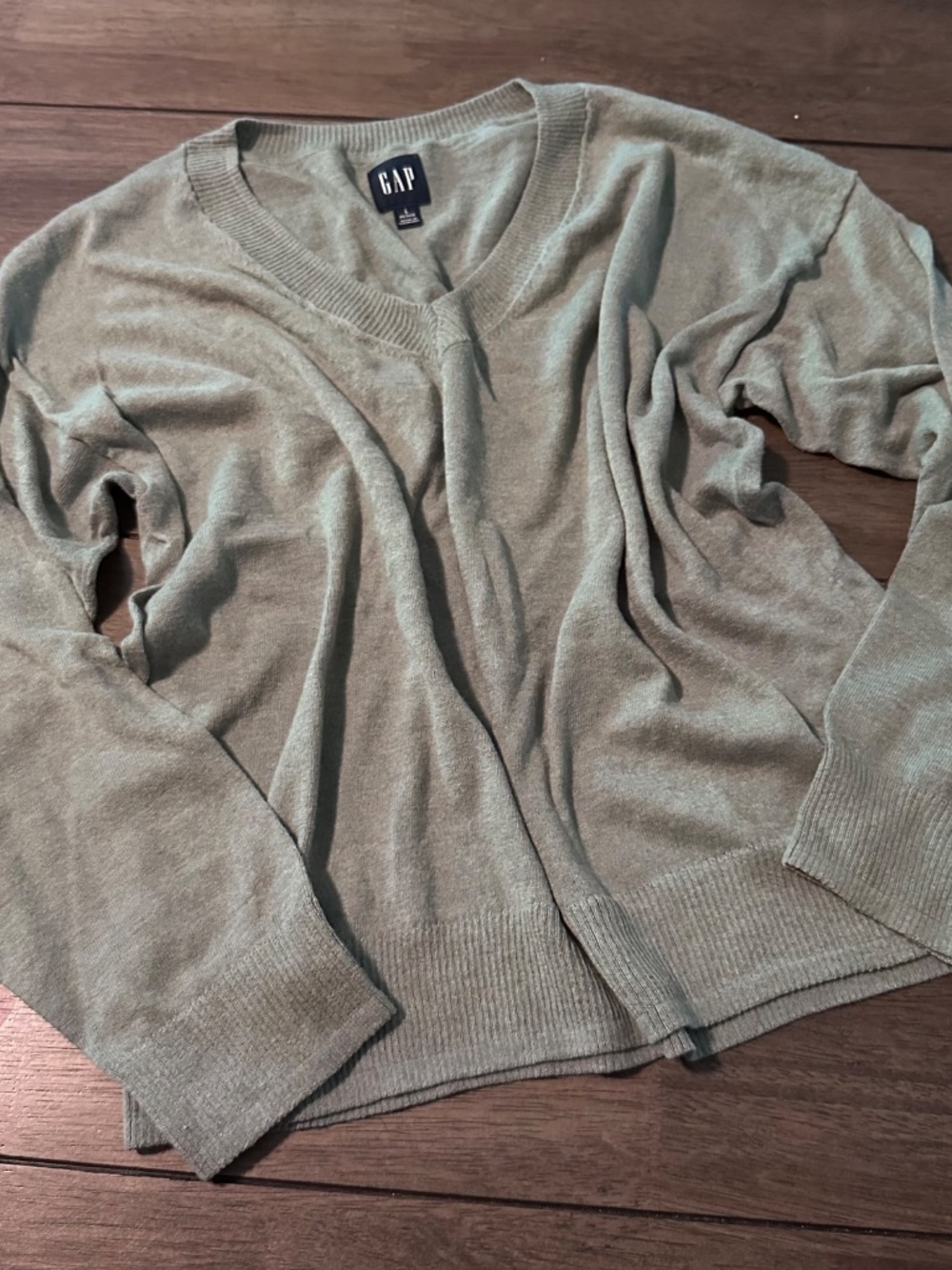 GAP Linen Blend Long Sleeve Grey/Green V-neck T-shirt Size Petite Large